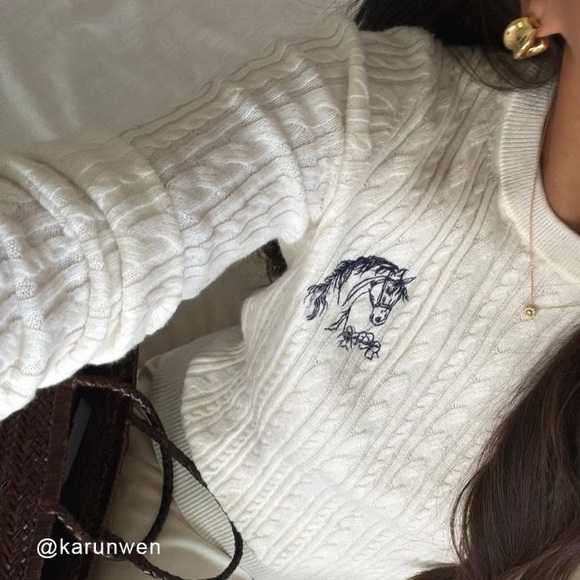 Maeve Cream Cable Knit Sweater with Blue Embroidery horse - Picture 4 of 4